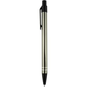 A metal pen in a sleek silver finish with black accents and a clip, featuring a logo.