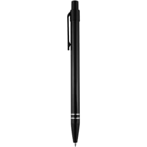 A black metal pen with a sleek design and a clip, featuring two silver stripes near the tip. It has a logo present.