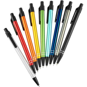 A collection of ten metal pens in red, orange, yellow, green, blue, silver, black, and grey, featuring a logo.