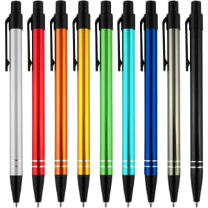 A collection of metal pens in silver, red, orange, green, blue, black, and gold, featuring a logo on each pen.