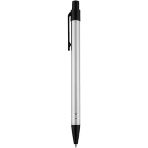 A metal pen in silver and black with a clip and a sleek design, featuring a logo on the barrel.
