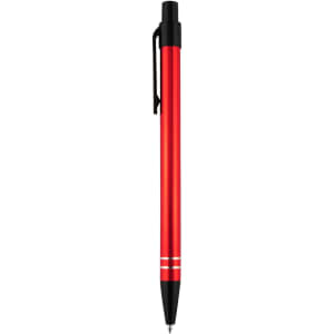 A metal pen in bright red with a black clip and two silver stripes near the base. It features a logo.