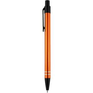 An orange metal pen with a black clip and accents. Features a sleek, minimalist design and branding logo.