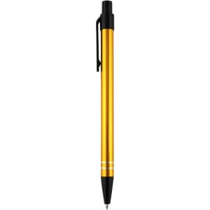 A metal pen in vibrant orange with a black clip and accents. The pen features a sleek design.
