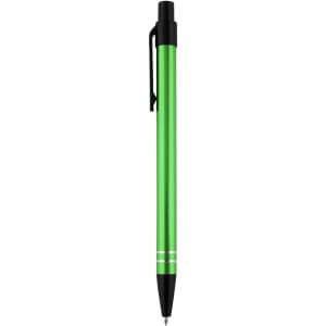 A metal pen in vibrant green with a black clip and silver accents. It features a sleek design and branding.