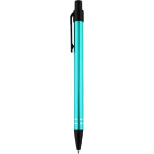 A metal pen in a vibrant turquoise colour with a black accent and a clip. It features a sleek design and modern branding.