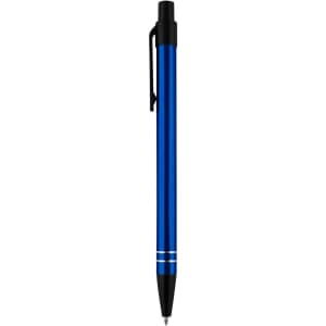 A metal pen in a vibrant blue colour with a black clip and two silver stripes. It features a branding logo.
