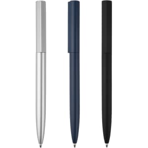 Three metal pens in silver, navy blue, and black, featuring sleek designs and a branding logo.