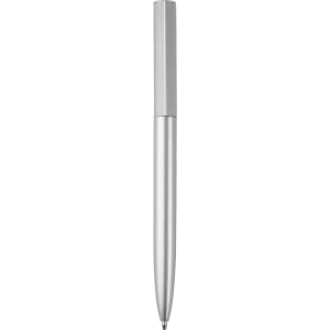 A silver metal pen featuring a sleek design and a branding logo.