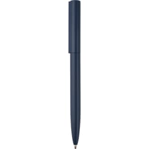 A metal pen in navy blue with a sleek design and a capped top, featuring a logo on its body.