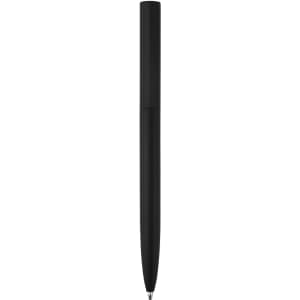 A sleek black metal pen with a smooth finish and a capped design. It features a logo on the surface.