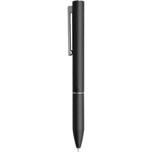 A sleek black metal pen with a clip and a subtle silver band. Appears elegant and modern.