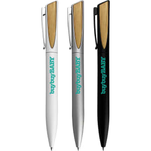 A collection of three metal pens in white, silver, and black, featuring wooden accents and a logo.