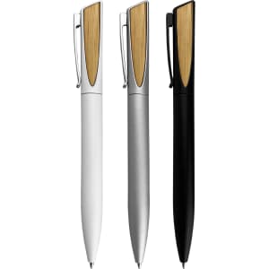 Three metal pens in white, silver, and black, each featuring a wooden accent and a clip.