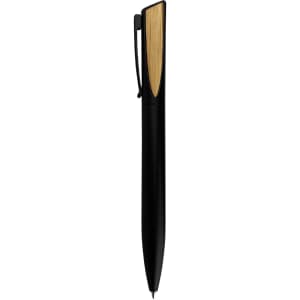 A metal pen in black with a wooden accent, featuring a clip and a sleek design. It includes a branding logo.