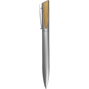A silver metal pen with a wooden accent and a clip. It features a sleek, modern design.