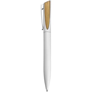 A metal pen with a white barrel and a gold accent, featuring a clip and a branding logo.