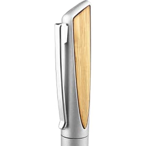 A metal pen featuring a sleek silver body with a bamboo accent and a clip for easy attachment.