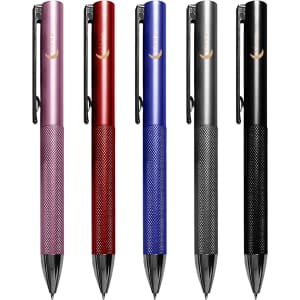 A collection of five metal pens in pink, red, blue, black, and silver, each featuring a textured grip and clip.