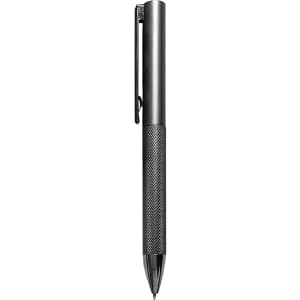 A sleek metal pen in a polished silver colour with a textured grip and a clip. It features a branding logo.