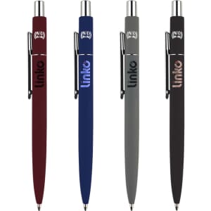 A collection of four metal pens in burgundy, blue, grey, and black, each featuring a logo.