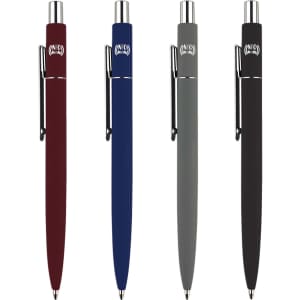 A set of four metal pens in burgundy, blue, grey, and black, each featuring a logo on the barrel.