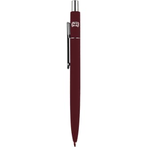 A burgundy metal pen with a silver clip and a logo on the barrel.