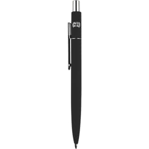 A sleek black metal pen with a shiny silver clip and a logo on the barrel.