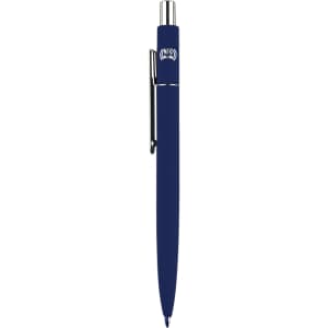 A navy blue metal pen featuring a silver clip and accents, with a branding logo.