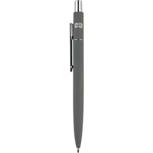 A grey metal pen with a shiny silver clip and branding on the barrel.