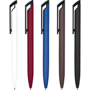A collection of Canberra Metal Pens in white, red, blue, brown, and black, featuring a logo on each.