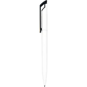A white metal pen with a black clip, featuring a sleek design and a branding logo.