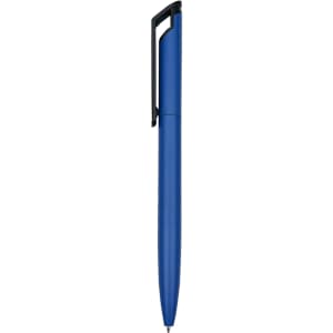 A blue metal pen with a black clip, featuring a simple design and a logo.