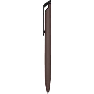 A metal pen in a sleek brown design with a black clip, featuring a logo on the barrel.