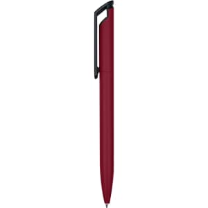 A metal pen in a deep red colour with a black clip and a shiny finish, featuring a logo.