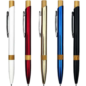 A collection of five metal pens in white, red, gold, blue, and black, featuring bamboo accents and a logo.