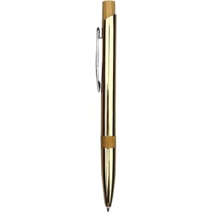 A sleek gold metal pen with a bamboo grip and clip, featuring a branding logo.