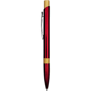 A metal pen in a shiny red finish with a gold-toned clip and accents. It features a branding logo.