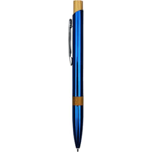 A blue metal pen with a bamboo accent and a clip. It features a shiny finish and has a logo.