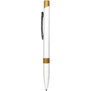 A metal pen featuring a white barrel with a bamboo accent and a silver clip. It has a logo on the barrel.