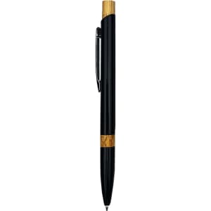 A black metal pen with a bamboo accent and a silver clip. The pen features a logo on its body.