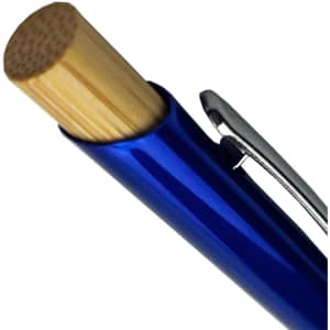 A blue metal pen featuring a bamboo barrel and a silver clip, displaying a logo on the surface.