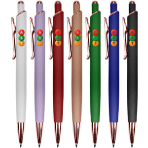 A collection of metal pens in various colours: white, lavender, burgundy, copper, green, blue, and black, featuring a logo.