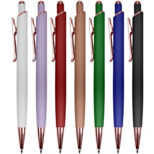 A collection of eight metal pens in various colours: white, lavender, red, bronze, green, blue, black, and a rose gold clip.