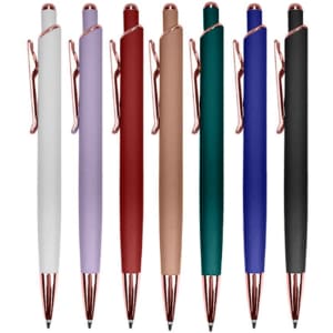 A collection of metal pens in white, lavender, blush, red, green, blue, and black with rose gold accents.