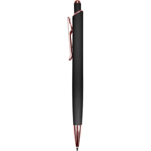 A metal pen with a sleek black body and rose gold accents, featuring a clip and a smooth writing tip.