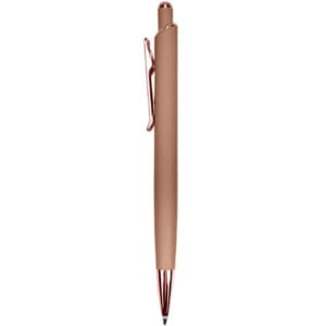 A metallic pen in a rose gold finish with a clip, featuring a sleek and modern design.