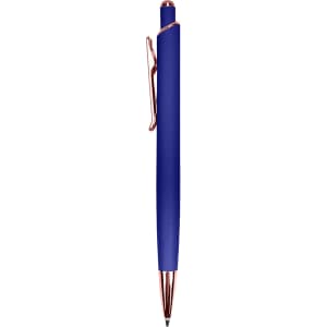 A metal pen in vibrant blue with a rose gold clip and tip, featuring a sleek design and a logo.