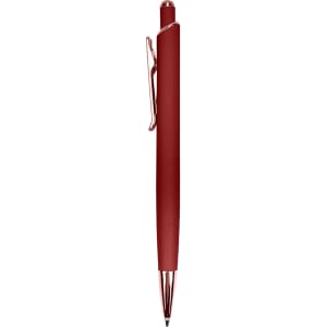 A red metal pen with a sleek design and a clip. The pen features a shiny tip and a smooth finish.