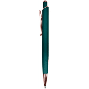 A teal metal pen with a rose gold clip and tip, featuring a logo on the body.